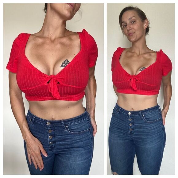 SHEIN Top Ribbed Crop Red Tie Front Festival Party Stretch - Picture 1 of 9